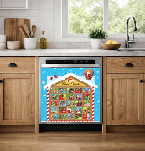 A stainless steel dishwasher in a modern kitchen setting, covered with a colorful Christmas advent calendar dishwasher magnet featuring a blue background, snowflakes, and multiple illustrated boxes with Santa and holiday scenes.