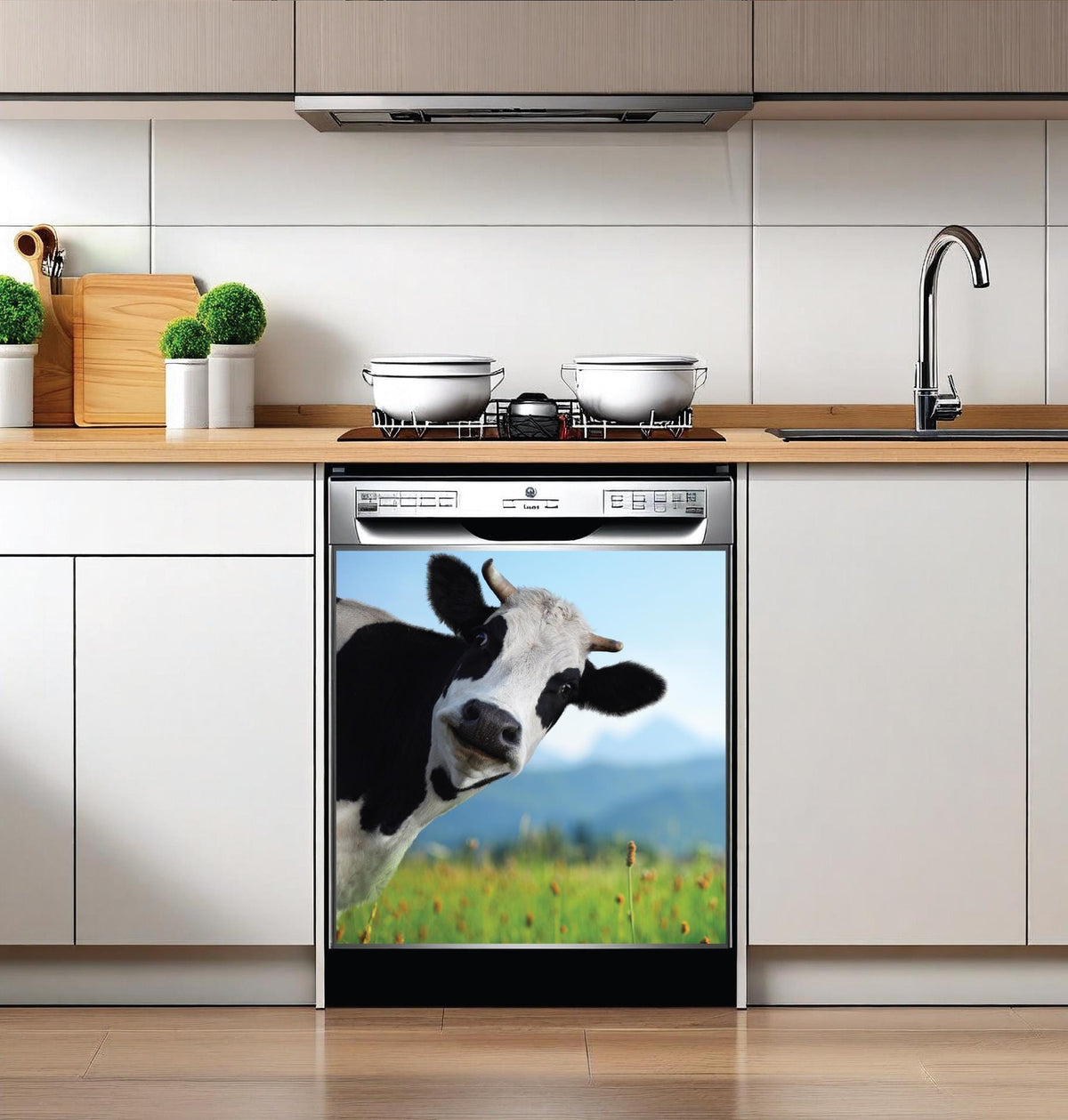 A built-in dishwasher in a modern kitchen setting, featuring a dishwasher magnet print of a black and white cow in a green field under a blue sky on its door.