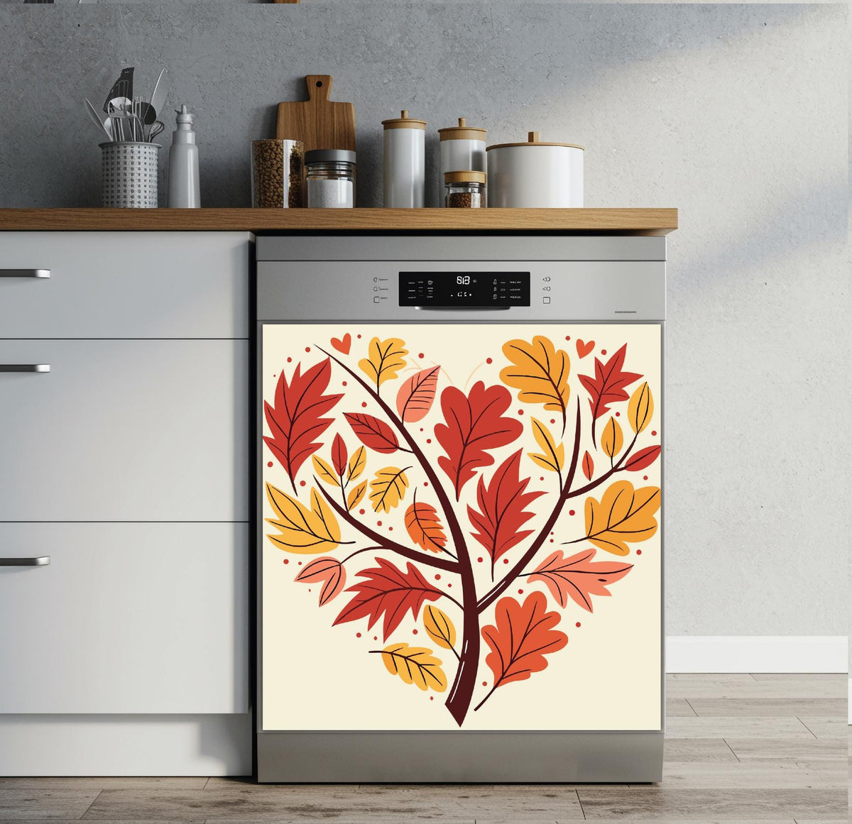 A dishwasher with a decorative dishwasher magnet autumn leaf tree design on the door, installed in a modern kitchen with dark blue cabinets and a white subway tile backsplash.