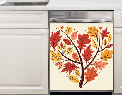 A dishwasher with a decorative dishwasher magnet autumn leaf tree design on the door, installed in a modern kitchen with dark blue cabinets and a white subway tile backsplash.