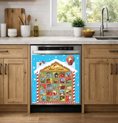 A stainless steel dishwasher in a modern kitchen setting, covered with a colorful Christmas advent calendar dishwasher magnet featuring a blue background, snowflakes, and multiple illustrated boxes with Santa and holiday scenes.