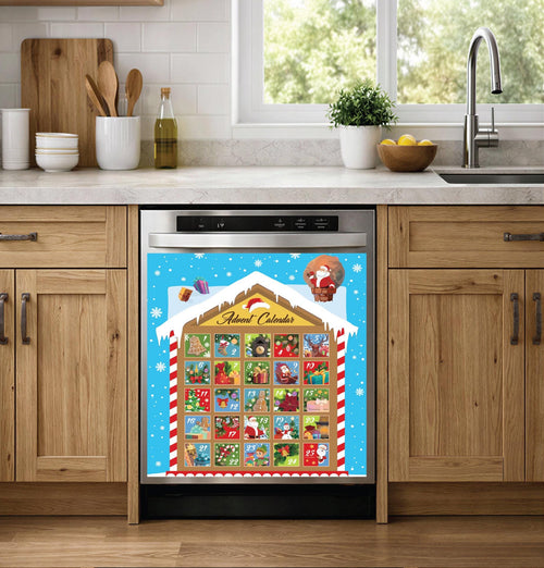 A stainless steel dishwasher in a modern kitchen setting, covered with a colorful Christmas advent calendar dishwasher magnet featuring a blue background, snowflakes, and multiple illustrated boxes with Santa and holiday scenes.