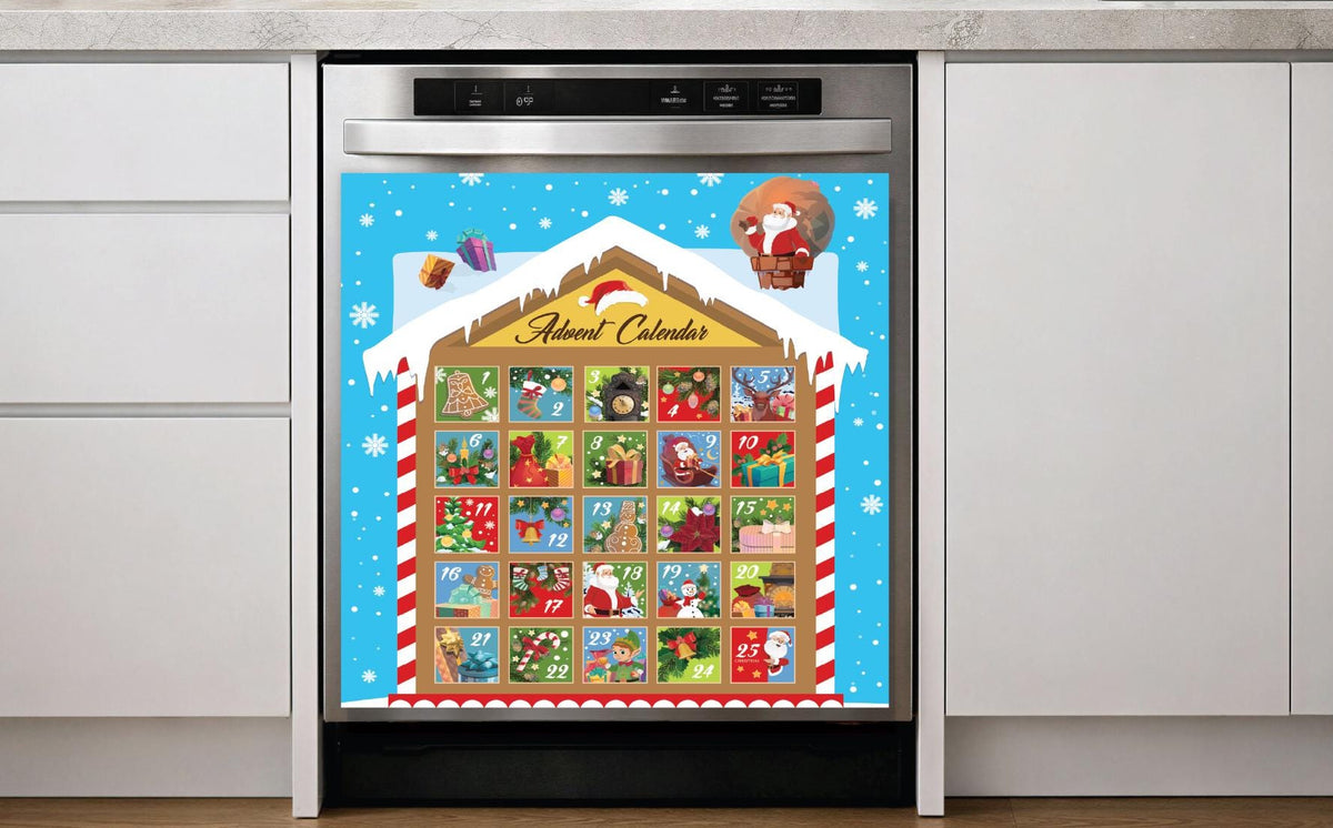 A stainless steel dishwasher in a modern kitchen setting, covered with a colorful Christmas advent calendar dishwasher magnet featuring a blue background, snowflakes, and multiple illustrated boxes with Santa and holiday scenes.