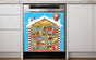 A stainless steel dishwasher in a modern kitchen setting, covered with a colorful Christmas advent calendar dishwasher magnet featuring a blue background, snowflakes, and multiple illustrated boxes with Santa and holiday scenes.
