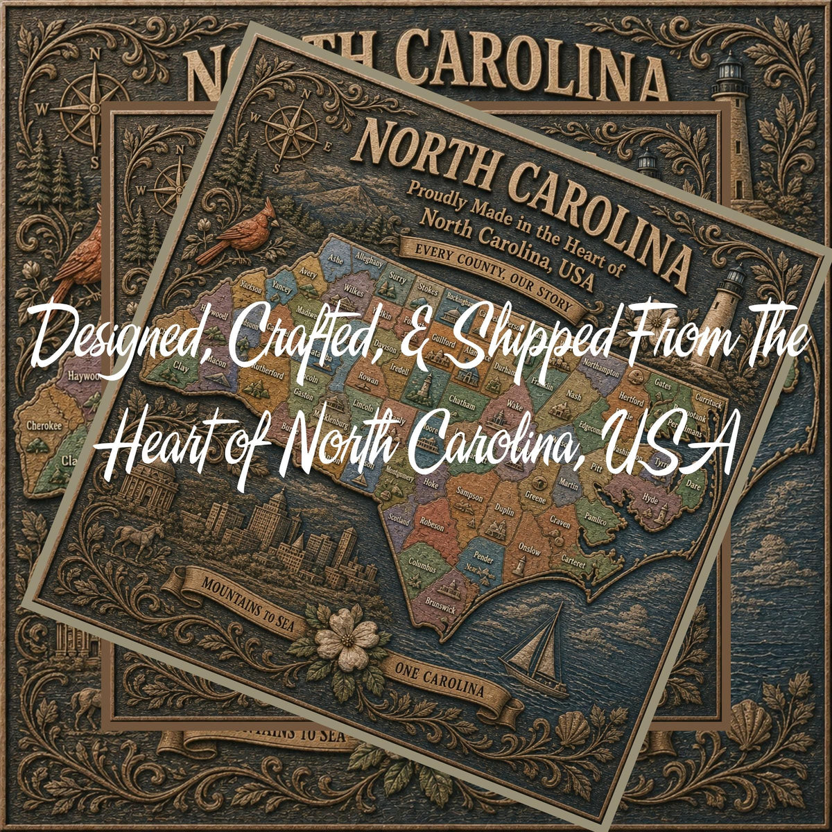A decorative North Carolina map artwork shown layered over another ornate map background, with large white script text across the center reading, 'Designed, Crafted, & Shipped From The Heart of North Carolina, USA.' The product appears to be a printed or digital map-style design rather than a physical object in a real environment, so this fits Scenery rather than Product/Packaging or Lifestyle.