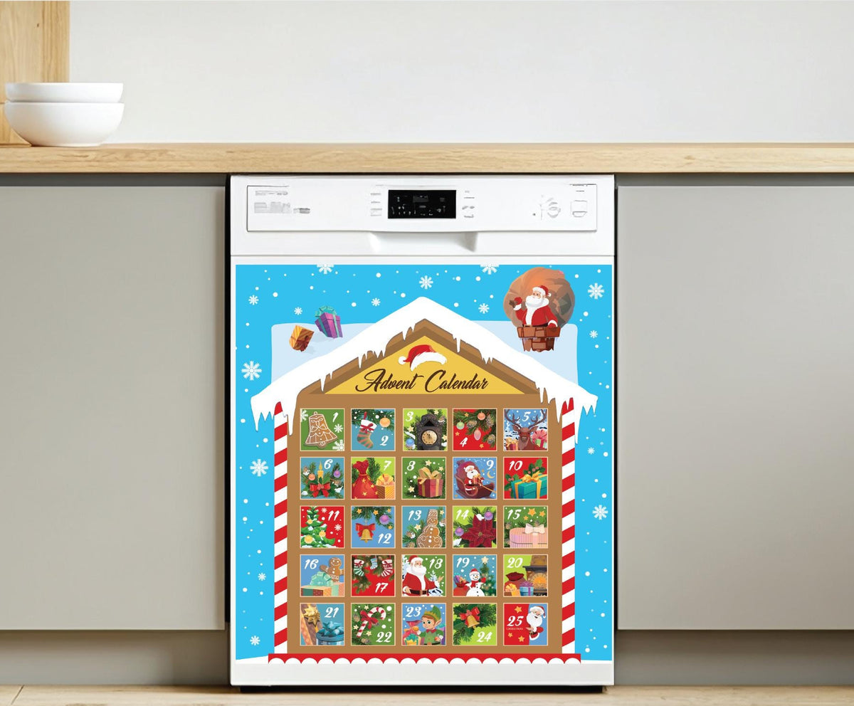 A stainless steel dishwasher in a modern kitchen setting, covered with a colorful Christmas advent calendar dishwasher magnet featuring a blue background, snowflakes, and multiple illustrated boxes with Santa and holiday scenes.