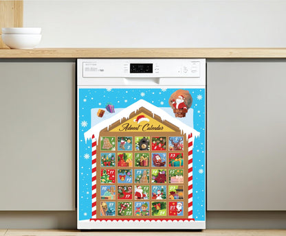 A stainless steel dishwasher in a modern kitchen setting, covered with a colorful Christmas advent calendar dishwasher magnet featuring a blue background, snowflakes, and multiple illustrated boxes with Santa and holiday scenes.