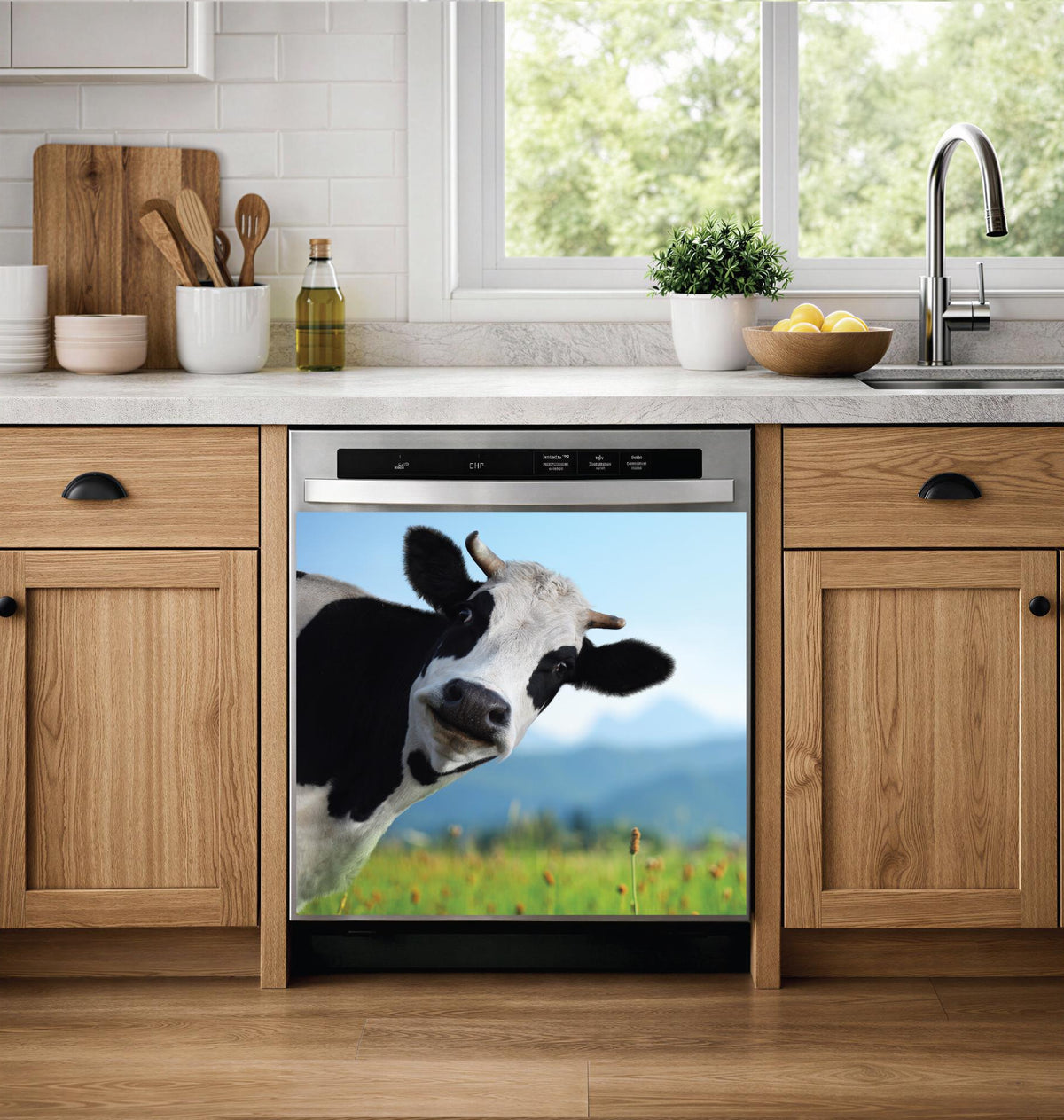 A built-in dishwasher in a modern kitchen setting, featuring a dishwasher magnet print of a black and white cow in a green field under a blue sky on its door.