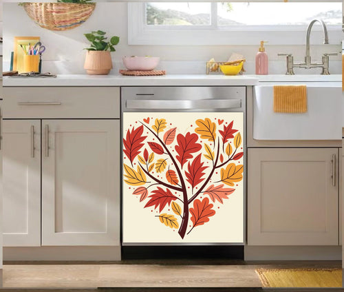 A dishwasher with a decorative dishwasher magnet autumn leaf tree design on the door, installed in a modern kitchen with dark blue cabinets and a white subway tile backsplash.
